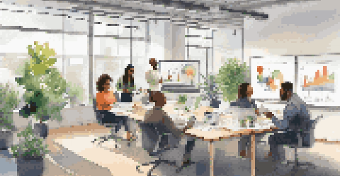 A diverse group of employees collaborating in a bright office, with a whiteboard and plants in the background.