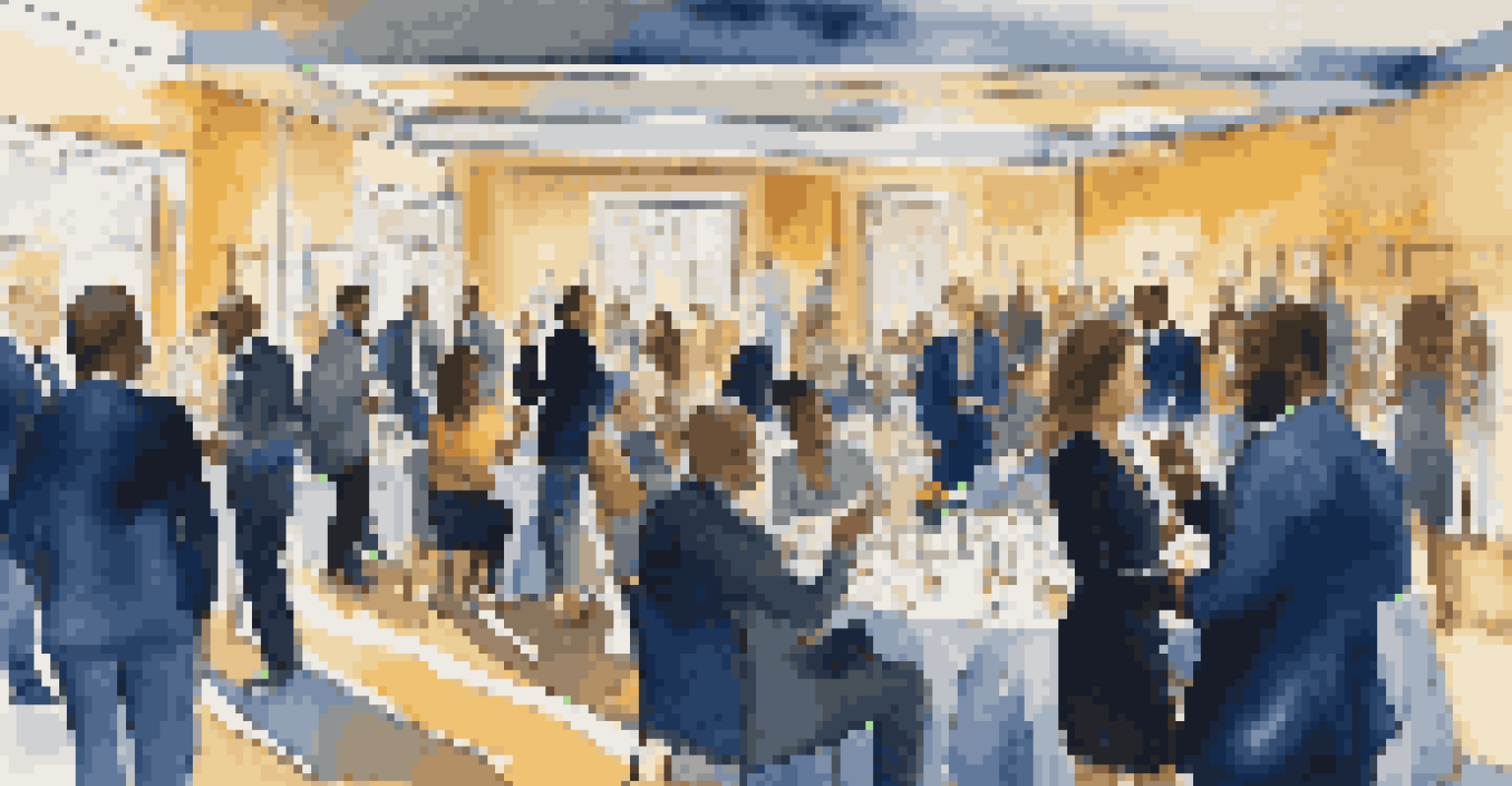 A lively networking event with diverse professionals conversing in a warmly lit room, surrounded by stylish decor and exchanging business cards.