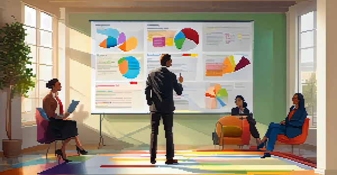 A business professional pointing at a colorful Business Model Canvas on a wall, surrounded by diverse colleagues in a bright, well-lit room.