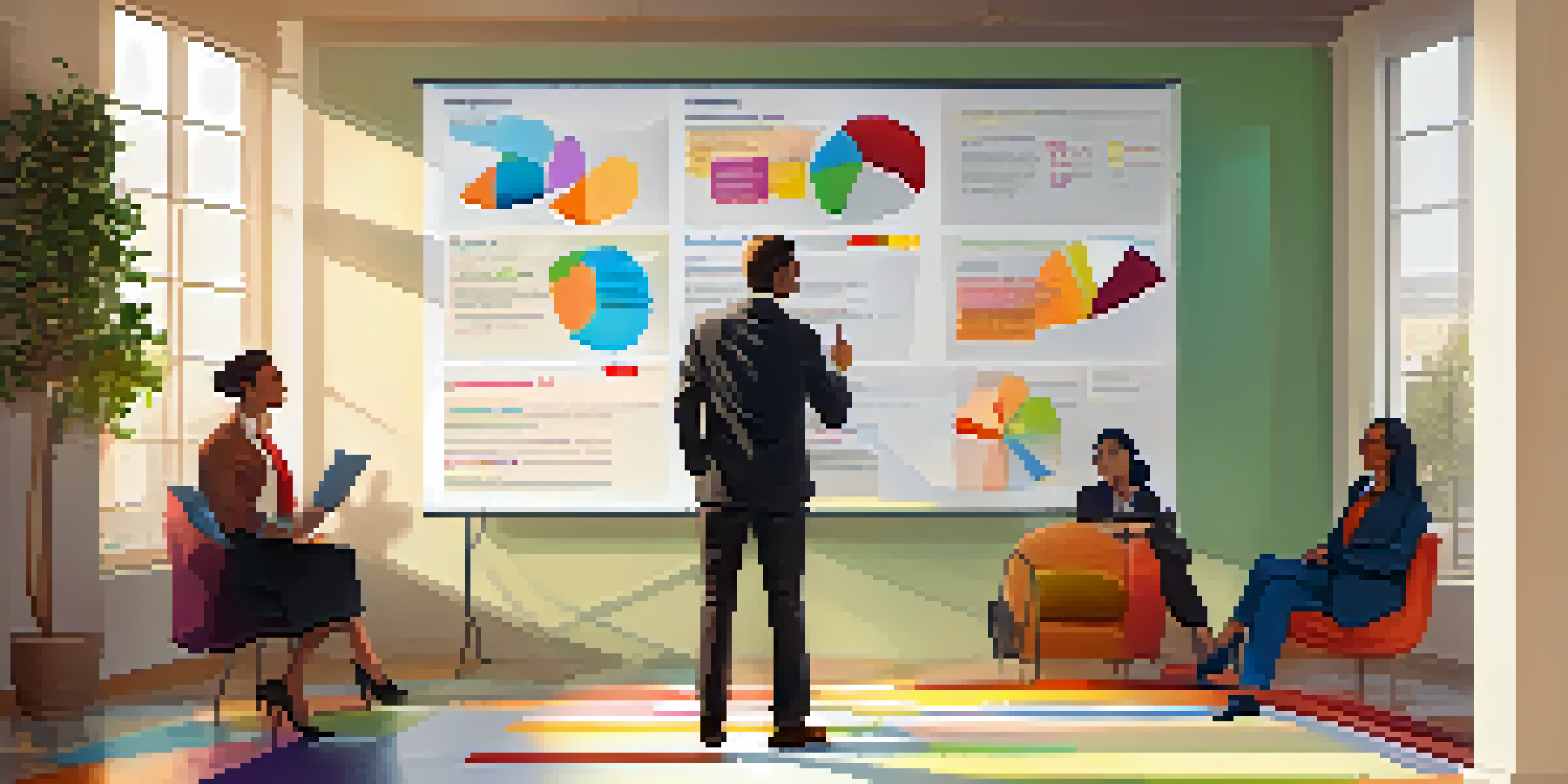 A business professional pointing at a colorful Business Model Canvas on a wall, surrounded by diverse colleagues in a bright, well-lit room.