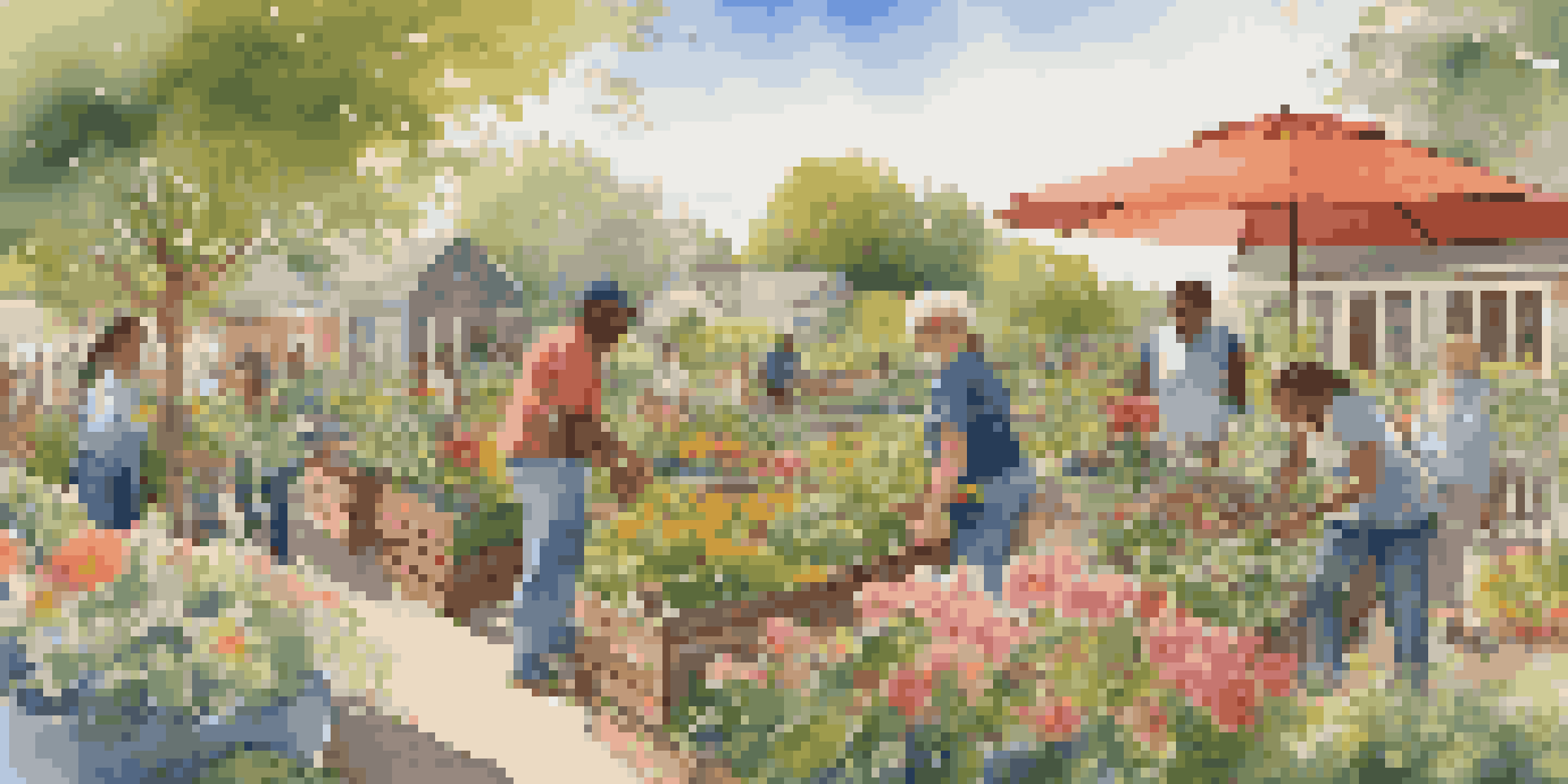 A lively community garden with people of different ethnicities planting and tending to flowers and vegetables under a sunny sky.