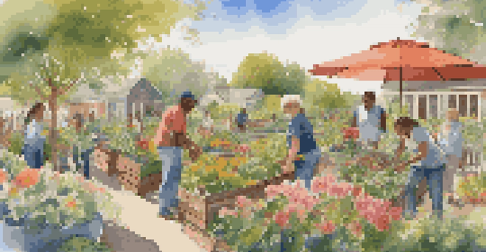 A lively community garden with people of different ethnicities planting and tending to flowers and vegetables under a sunny sky.