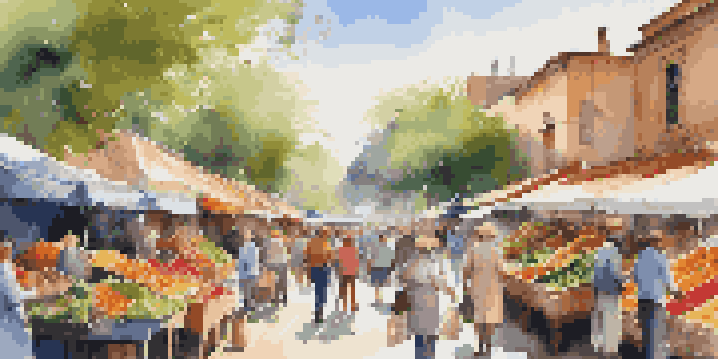 A lively outdoor market with colorful stalls and a diverse crowd of shoppers under a sunny sky.
