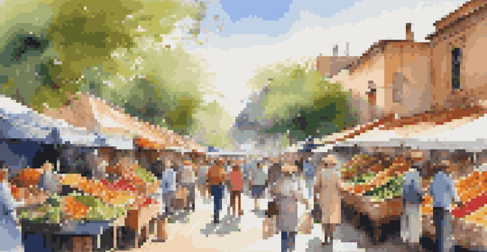 A lively outdoor market with colorful stalls and a diverse crowd of shoppers under a sunny sky.