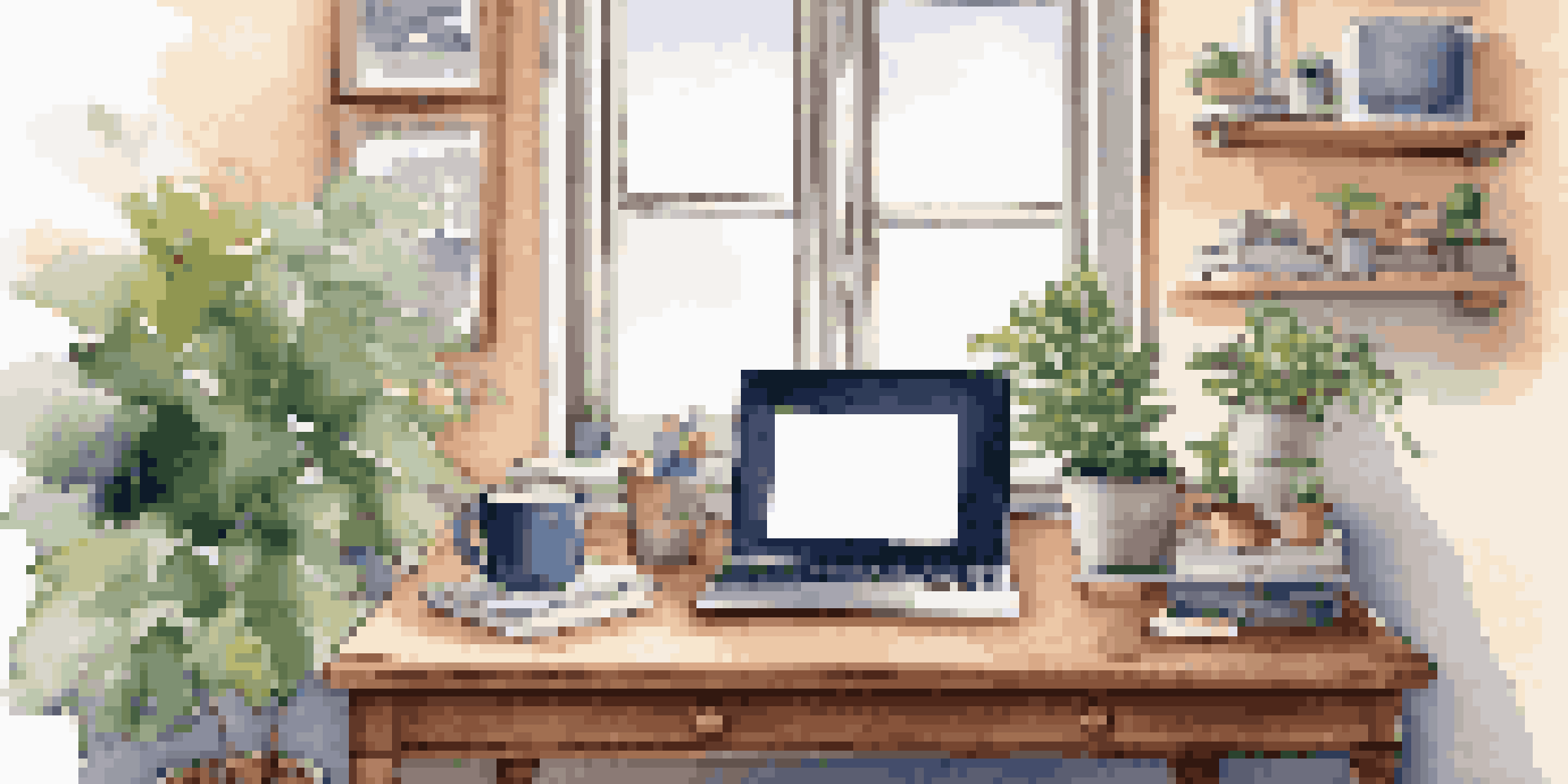 A cozy home office with a desk, laptop, sticky notes, and a plant, illuminated by natural light from a window.