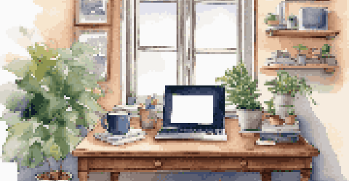 A cozy home office with a desk, laptop, sticky notes, and a plant, illuminated by natural light from a window.