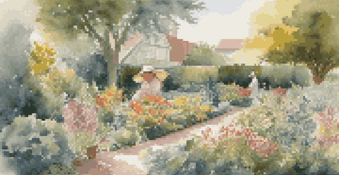 A gardener tending to a colorful flower garden with sunlight filtering through the leaves.
