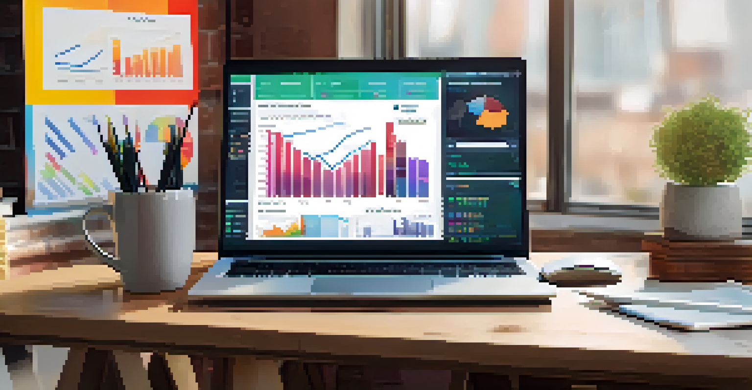 A workspace with a laptop showing marketing analytics, surrounded by charts and warm natural light.