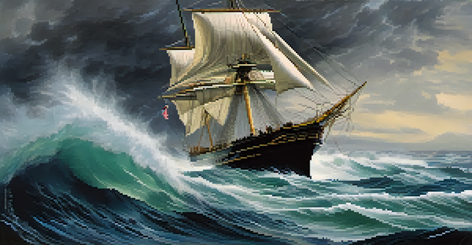 A ship navigating through a stormy sea, with a determined captain at the helm, symbolizing leadership in crisis.