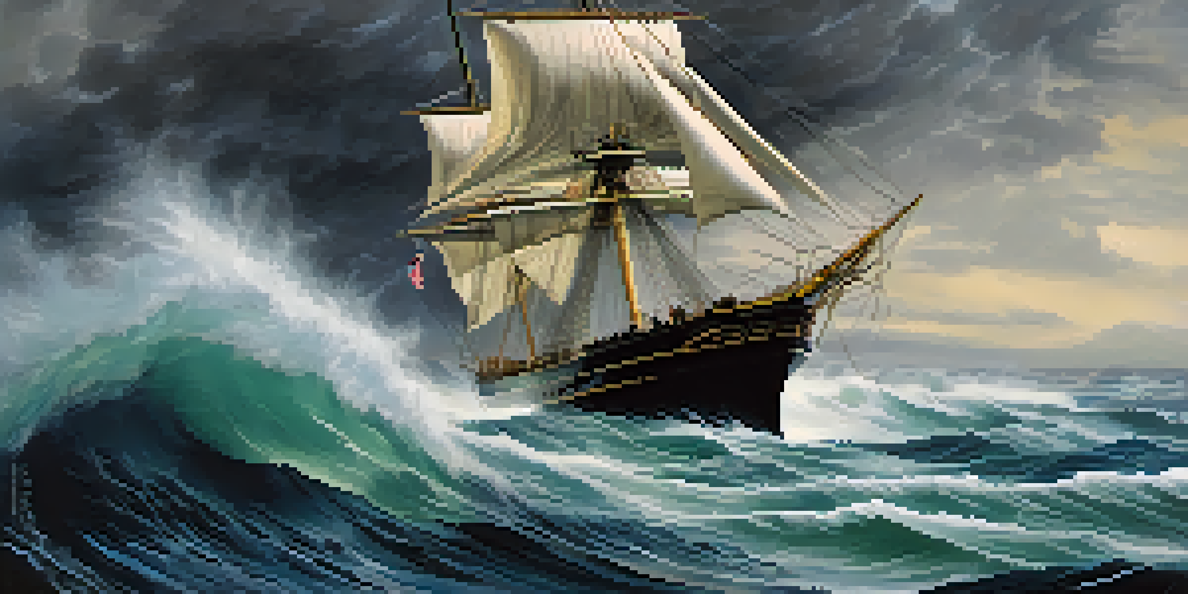 A ship navigating through a stormy sea, with a determined captain at the helm, symbolizing leadership in crisis.