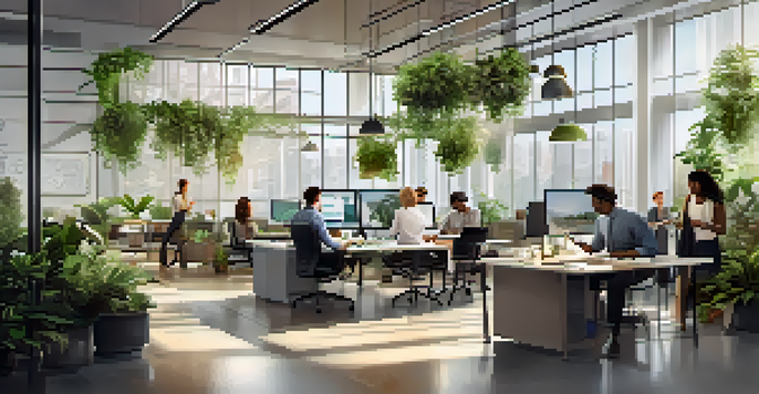 A diverse group of professionals collaborating in a bright office space with plants and digital devices on the table.