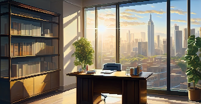 A bright office space with a wooden desk, sunlight, a potted plant, and a cityscape view.