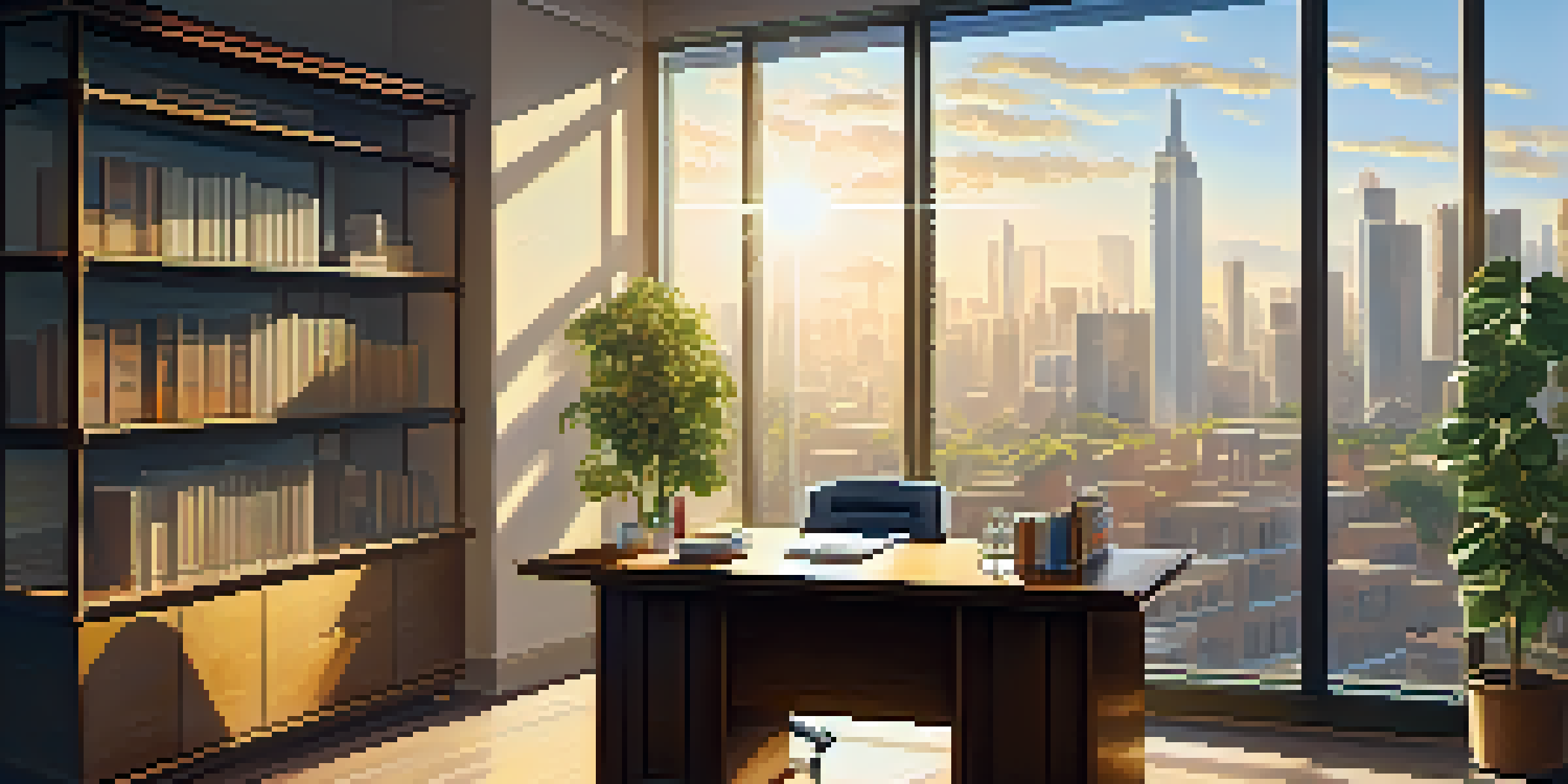 A bright office space with a wooden desk, sunlight, a potted plant, and a cityscape view.