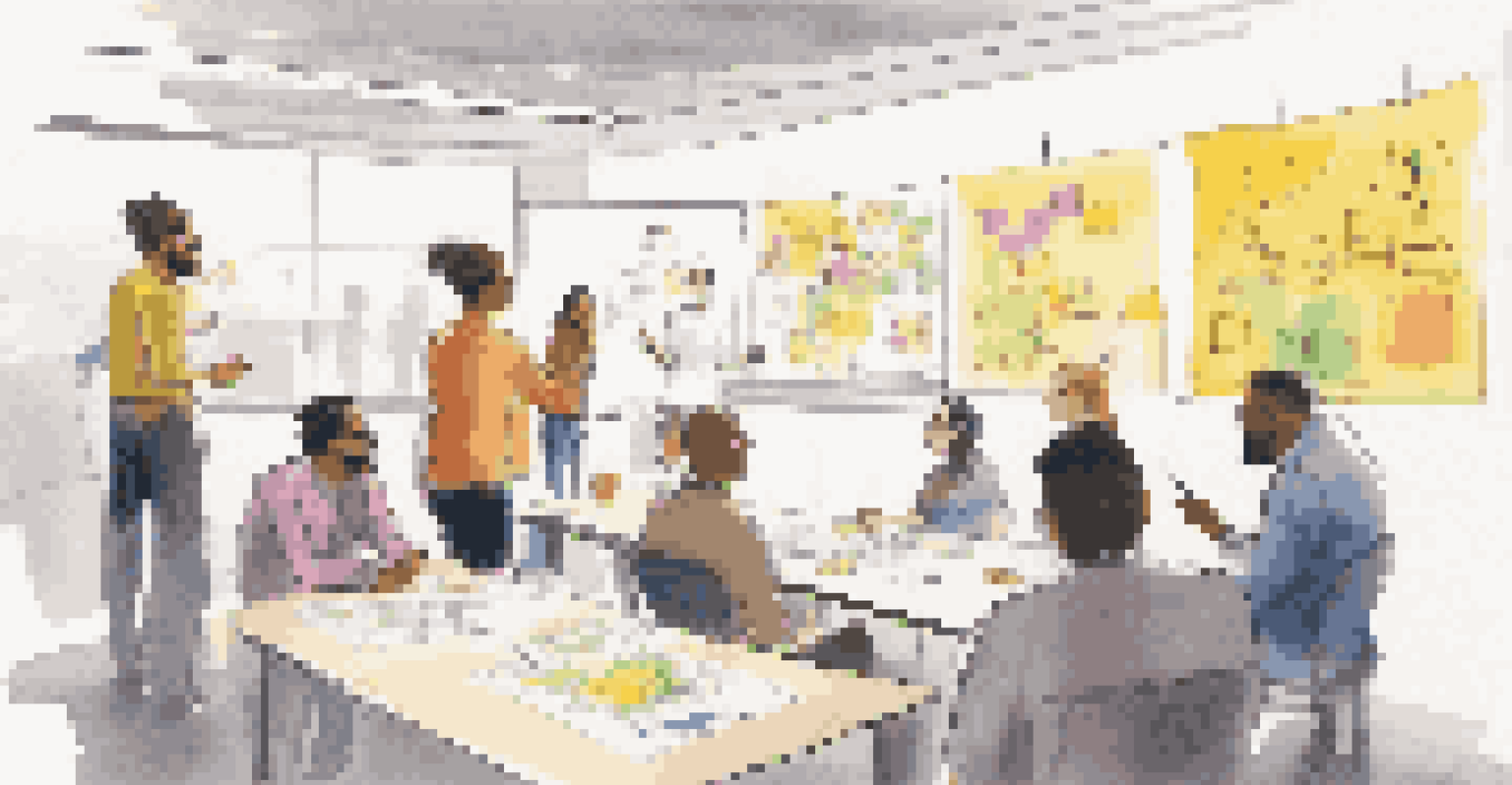 A leader guiding a design thinking workshop, with participants sketching ideas and engaging in discussions around colorful whiteboards.