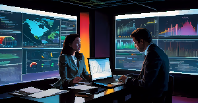 A dark room with glowing digital screens showing colorful graphs and charts, where two analysts are focusing on data analytics.