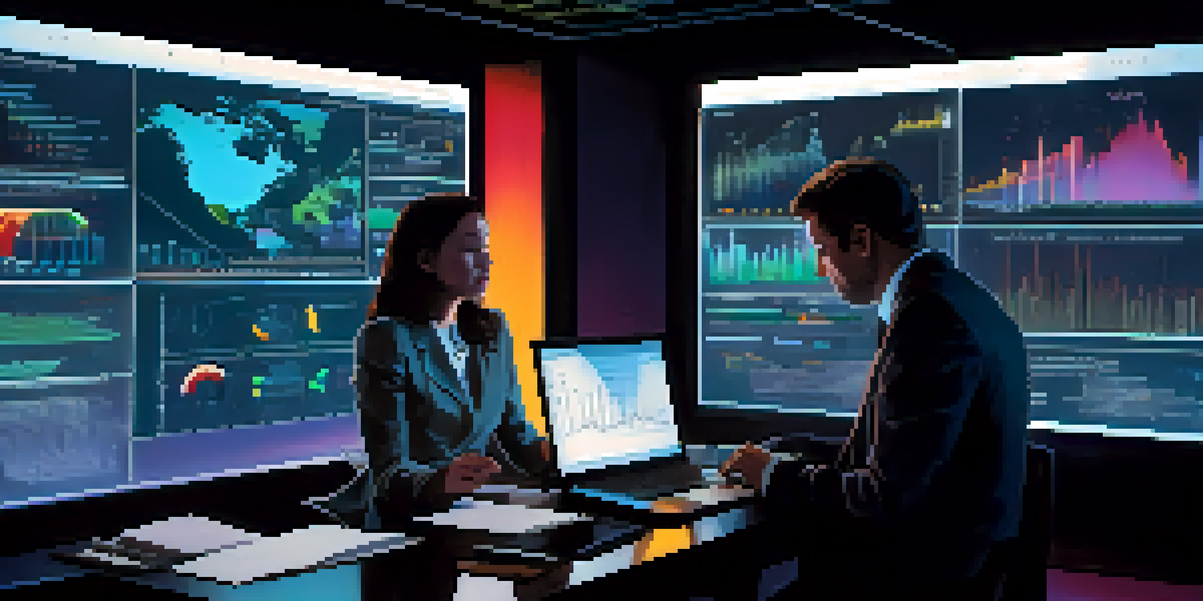 A dark room with glowing digital screens showing colorful graphs and charts, where two analysts are focusing on data analytics.