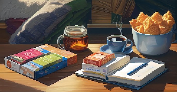 A cozy subscription box filled with snacks on a wooden table, with a cup of tea and a notepad beside it.