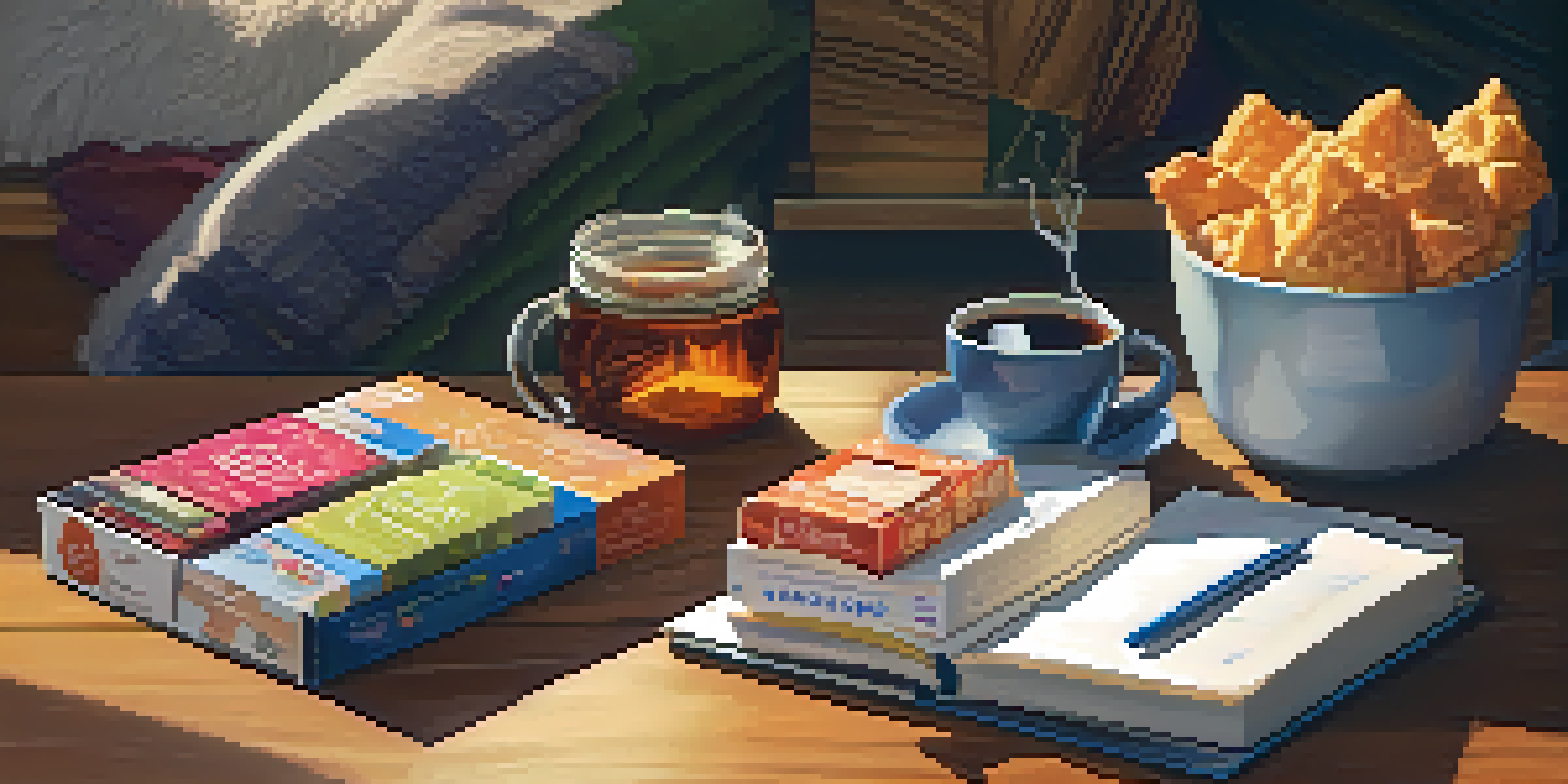 A cozy subscription box filled with snacks on a wooden table, with a cup of tea and a notepad beside it.