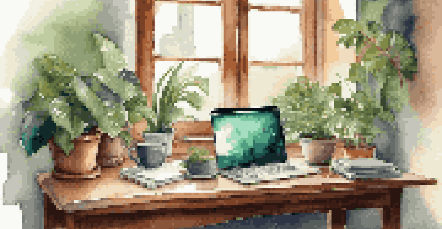A warm and inviting workspace featuring a laptop, potted plants, and a cup of coffee, illuminated by natural light.