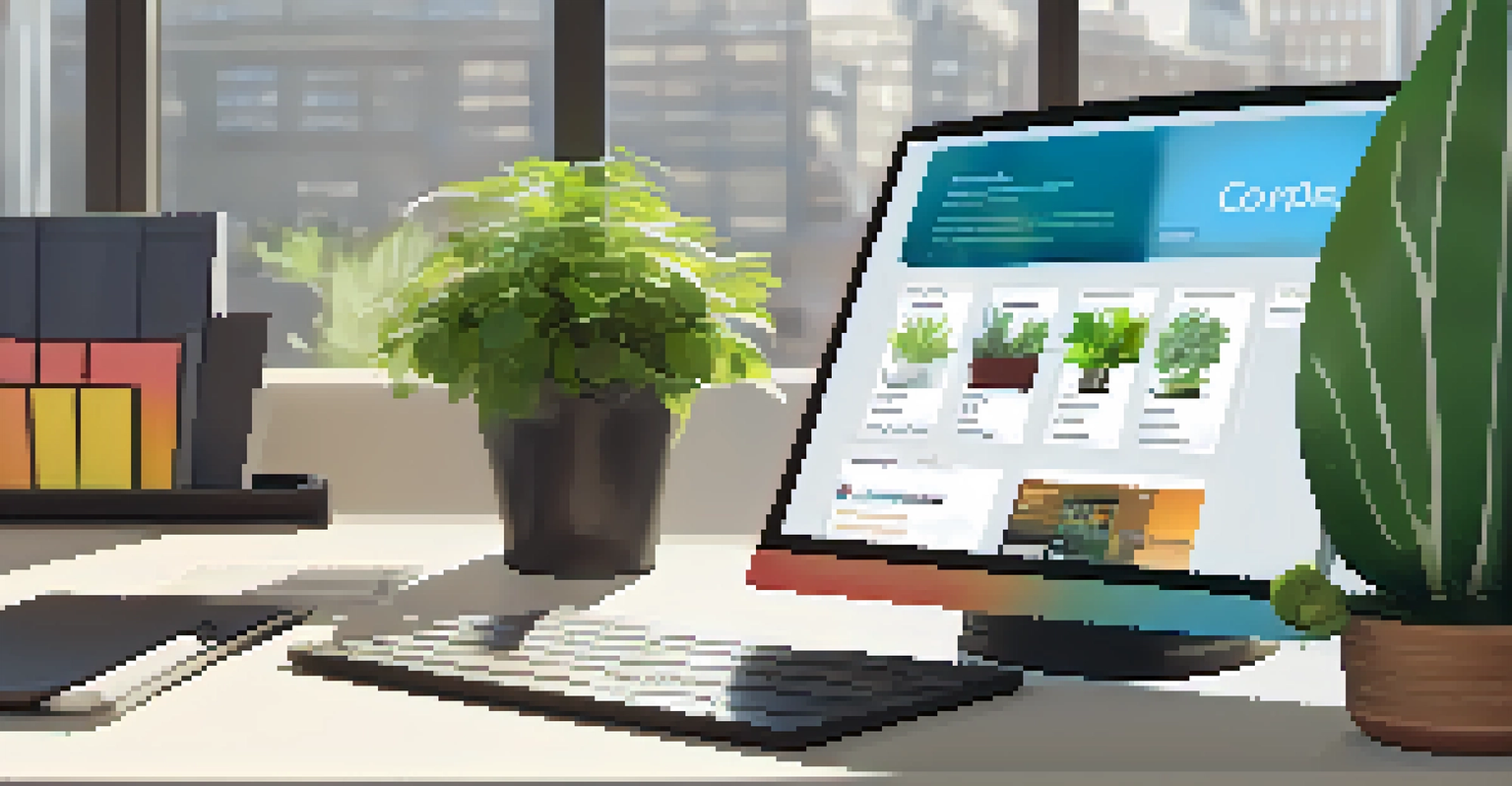An employee engaging with an online course on a tablet at a modern desk with a plant.