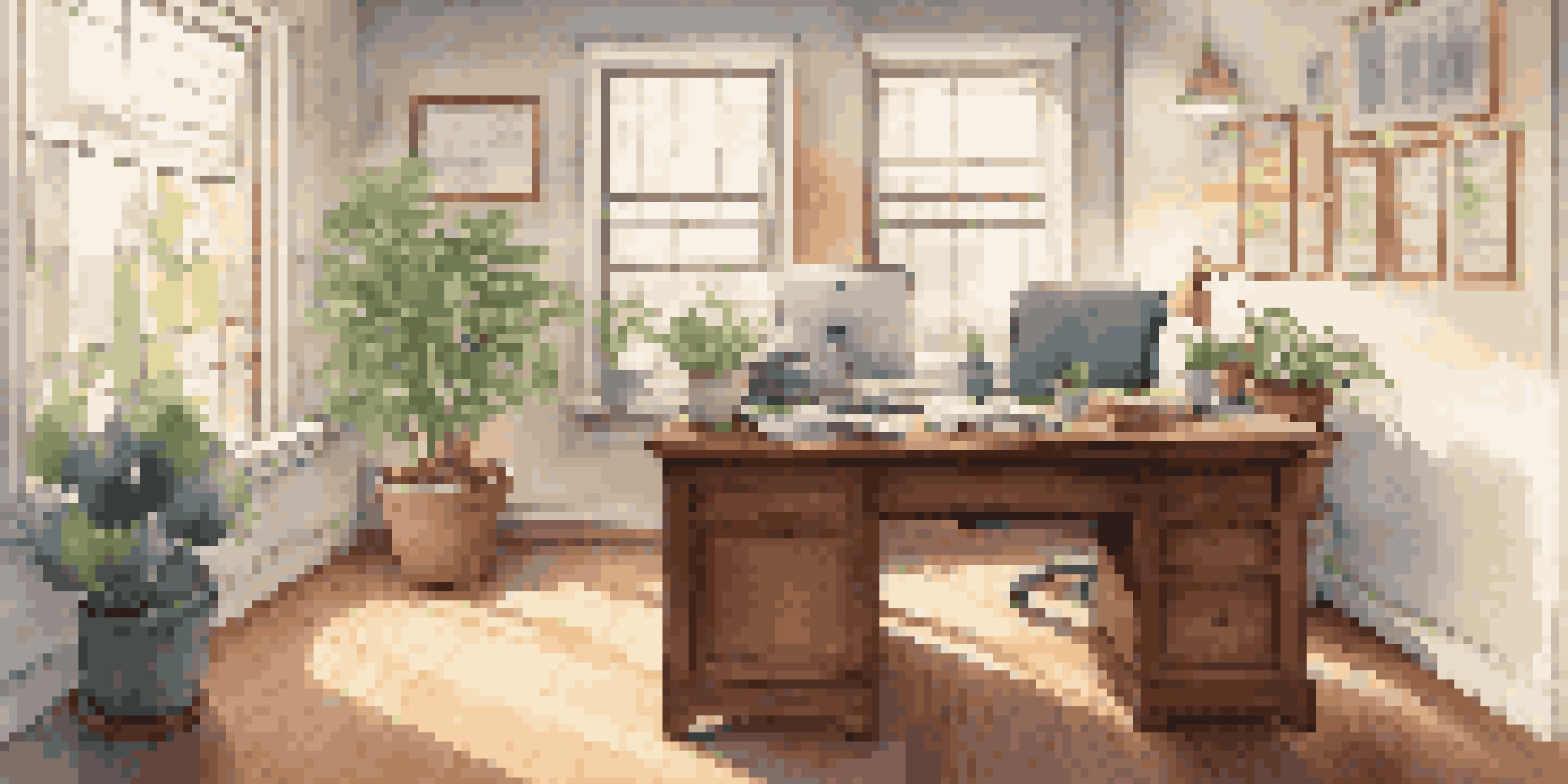 A tranquil office environment featuring a wooden desk with a laptop showing a budget spreadsheet, accompanied by a potted plant and framed documents on the walls.