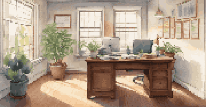 A tranquil office environment featuring a wooden desk with a laptop showing a budget spreadsheet, accompanied by a potted plant and framed documents on the walls.