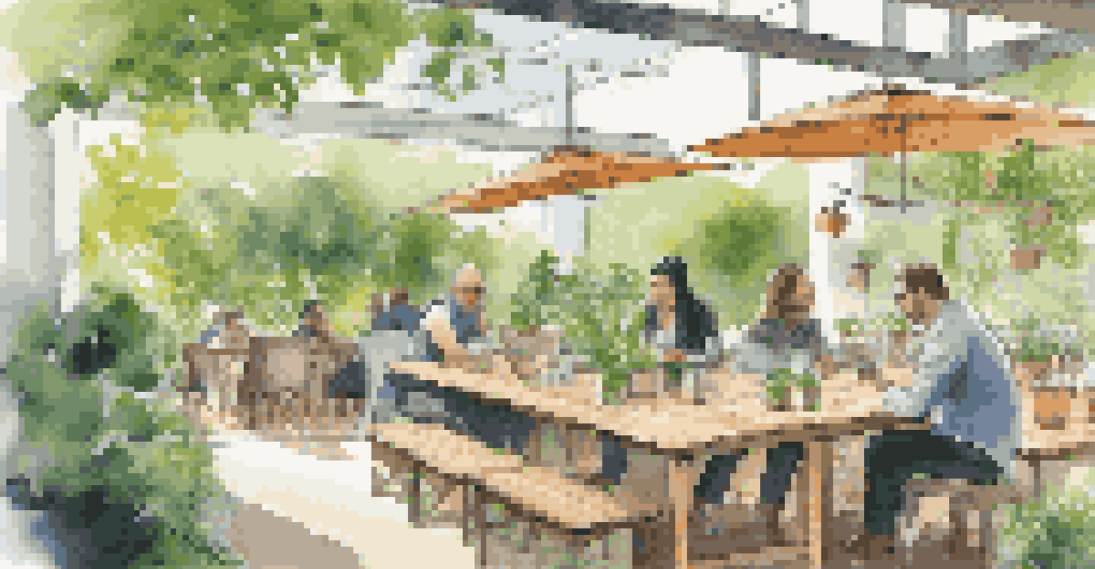 An outdoor sustainable meeting space with business professionals discussing strategies among greenery and reclaimed wooden tables.
