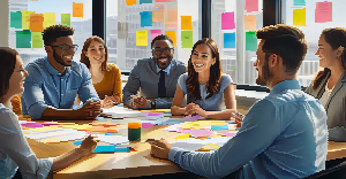 A diverse group of employees in a bright office meeting, happily collaborating with charts and sticky notes around them.