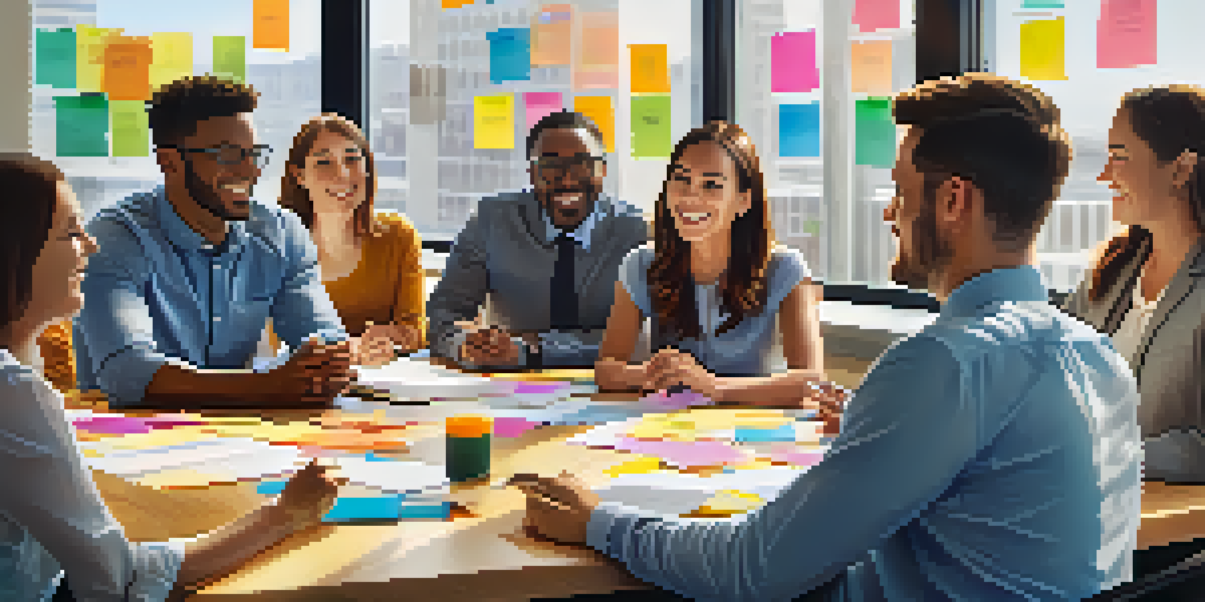 A diverse group of employees in a bright office meeting, happily collaborating with charts and sticky notes around them.