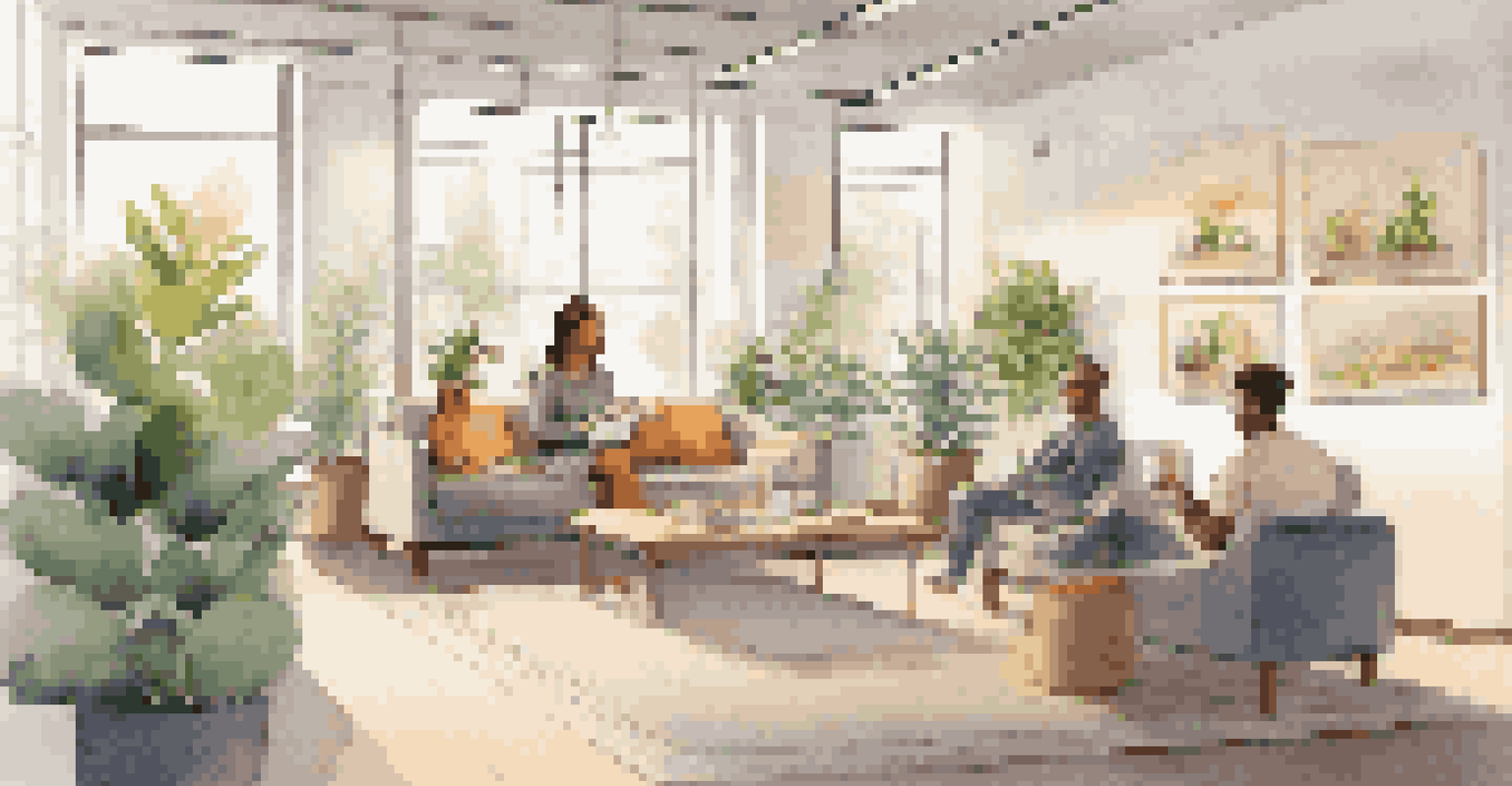A cozy office wellness corner with employees relaxing and participating in mindfulness activities.