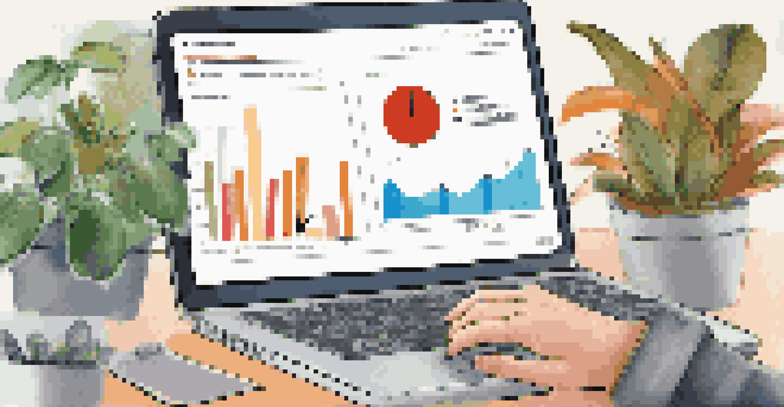 A close-up of a laptop screen showing customer feedback analytics with colorful graphs and a person writing notes in the background.