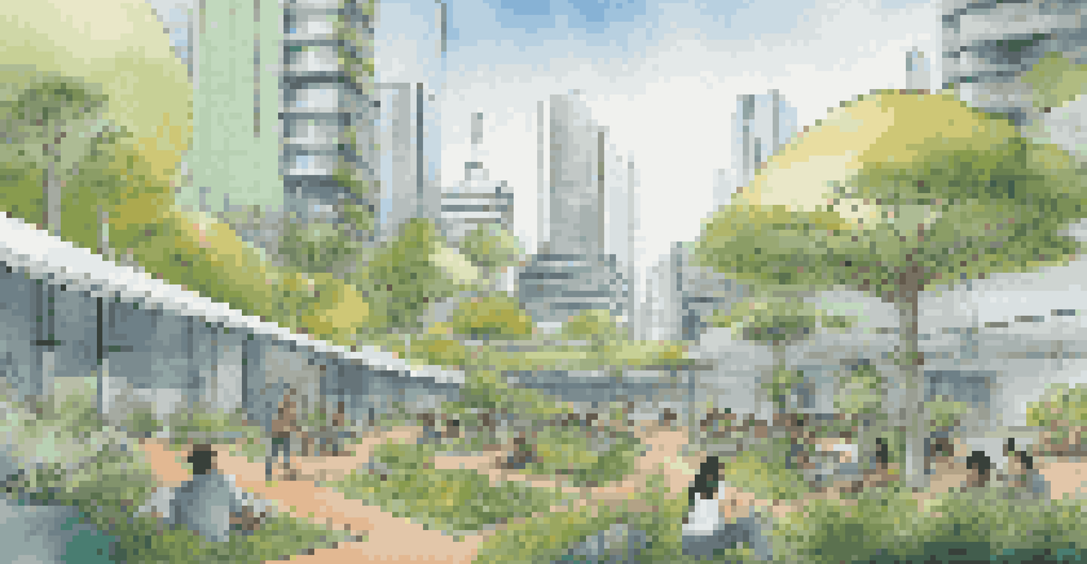 A futuristic city with remote workers engaging in video calls in a park, surrounded by buildings with green roofs and solar panels.
