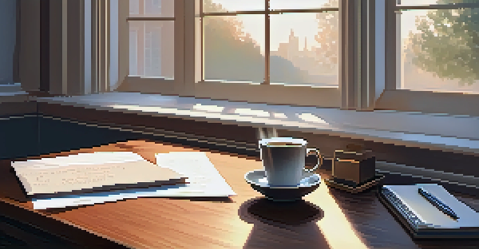 A peaceful office workspace featuring a wooden desk with a laptop, coffee cup, and notepad, illuminated by soft morning light.
