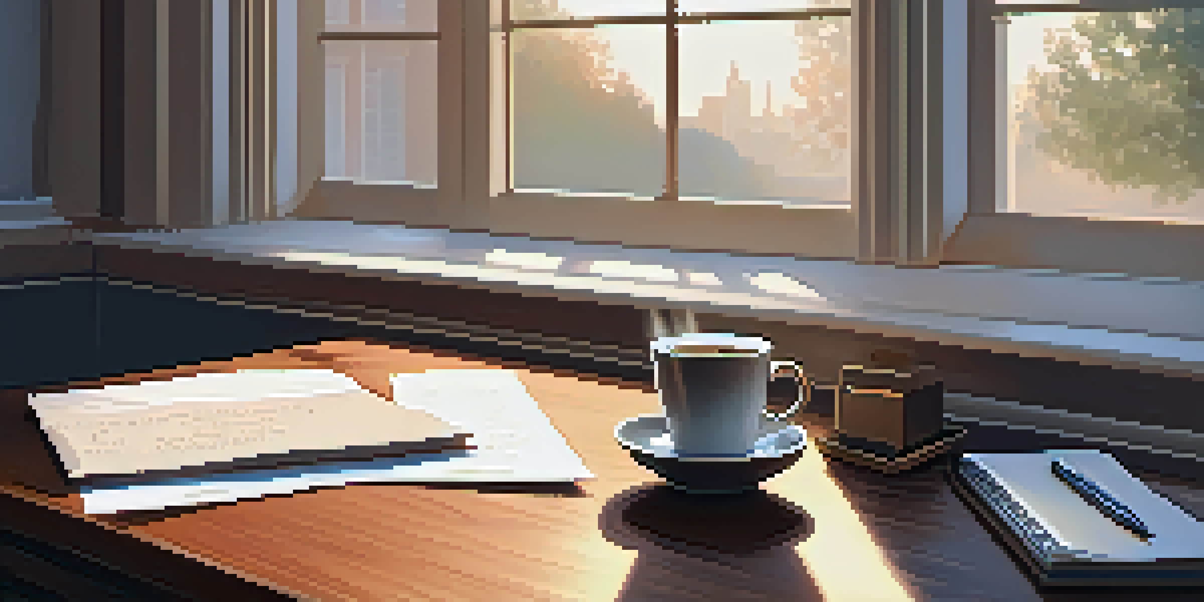 A peaceful office workspace featuring a wooden desk with a laptop, coffee cup, and notepad, illuminated by soft morning light.