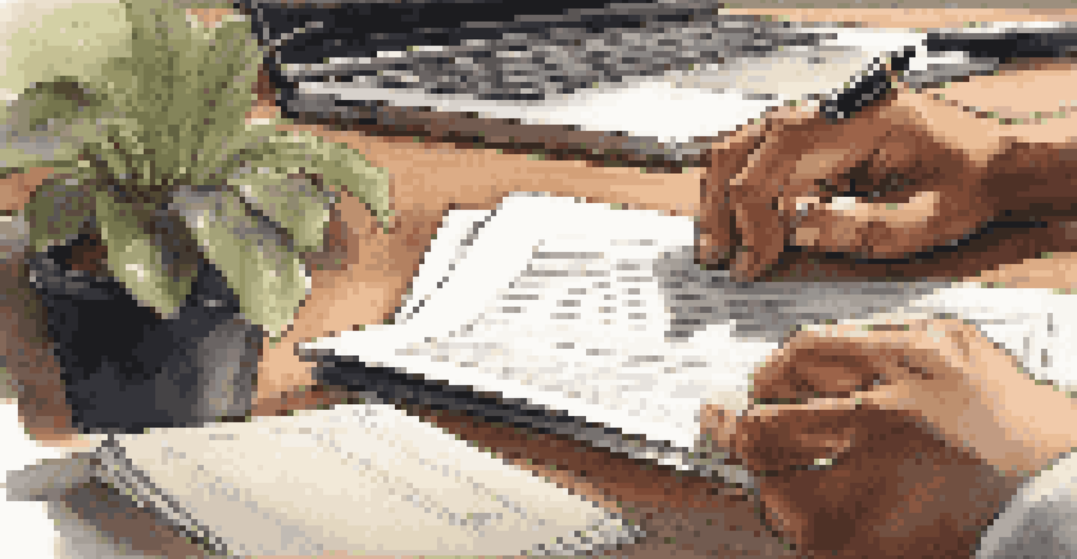 Close-up of a person's hands writing notes during a negotiation meeting, with documents and a laptop on the table, conveying a moment of storytelling.