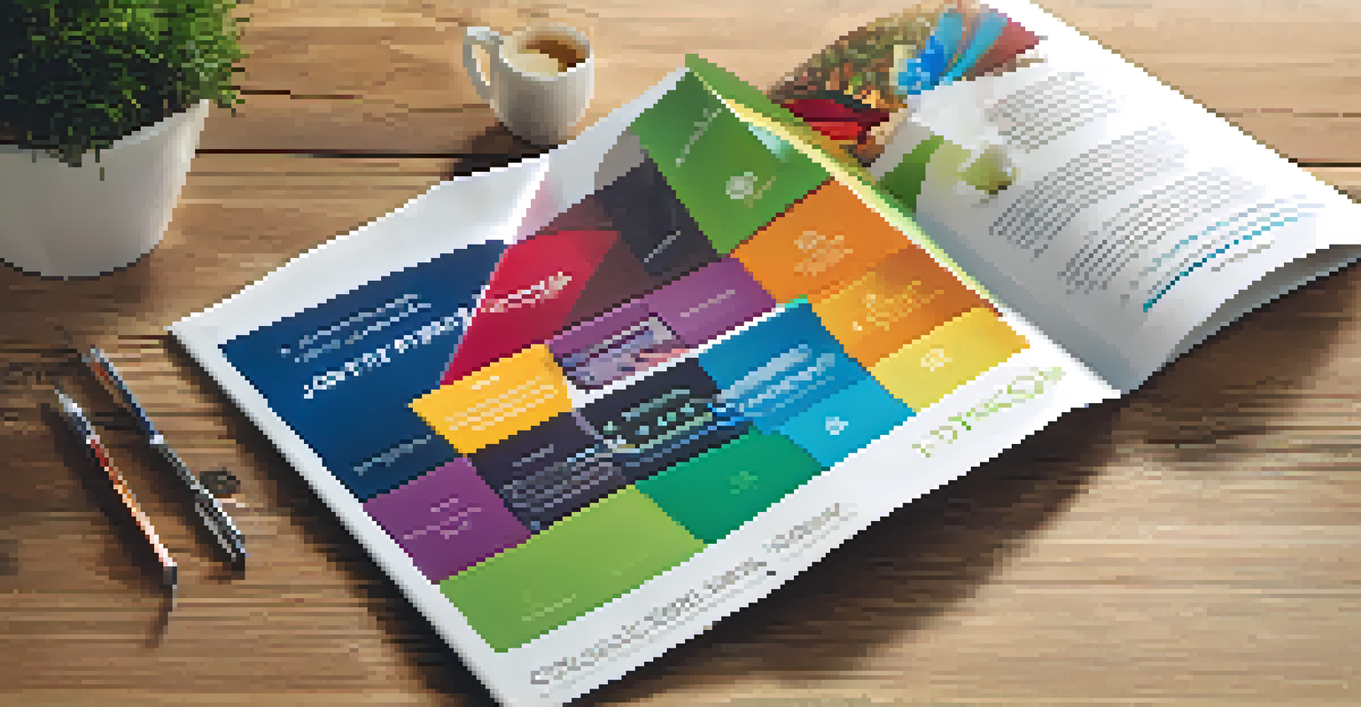 An engaging loyalty program brochure with vibrant colors and graphics displayed on a wooden table next to a cup of coffee.