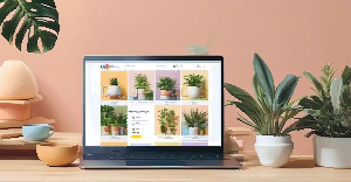 A digital marketplace scene showing an online retailer's homepage with a modern laptop on a wooden desk.