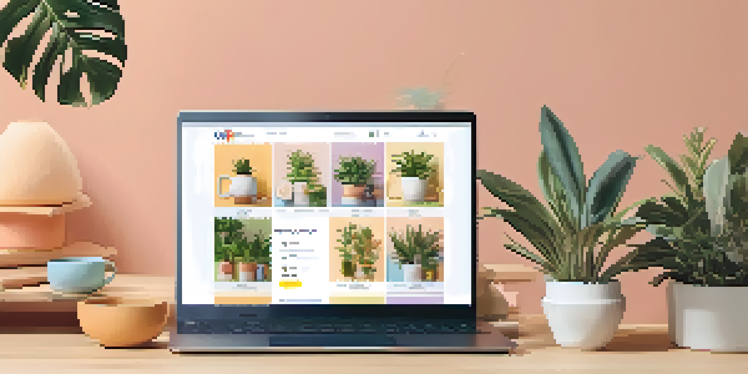 A digital marketplace scene showing an online retailer's homepage with a modern laptop on a wooden desk.