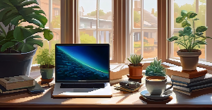 A warm and inviting home office with a laptop, potted plants, and a cup of coffee, illuminated by soft natural light.