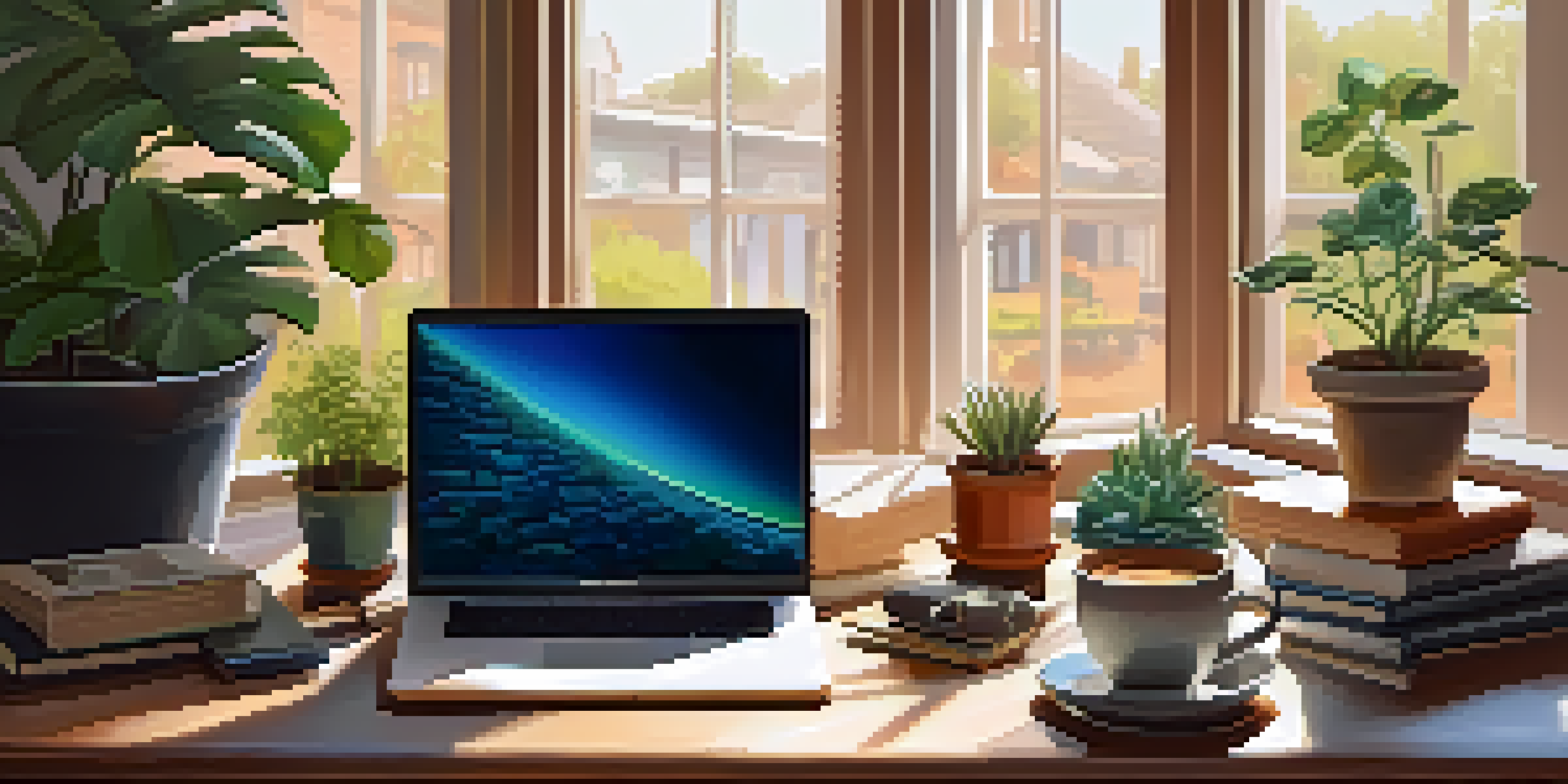 A warm and inviting home office with a laptop, potted plants, and a cup of coffee, illuminated by soft natural light.