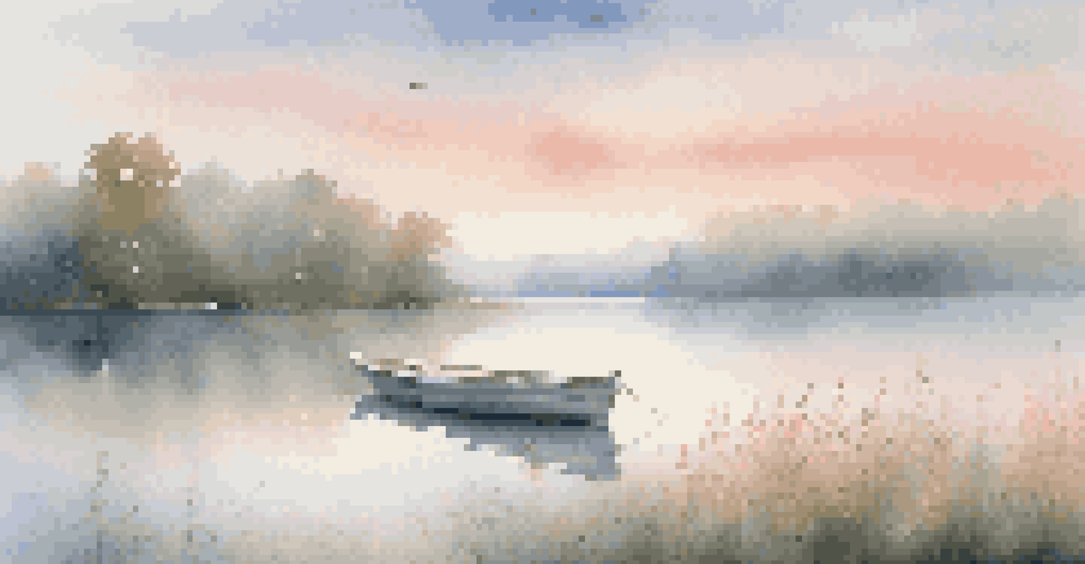 A tranquil lake at sunrise with mist, colorful sky reflections, and wildflowers in the foreground.