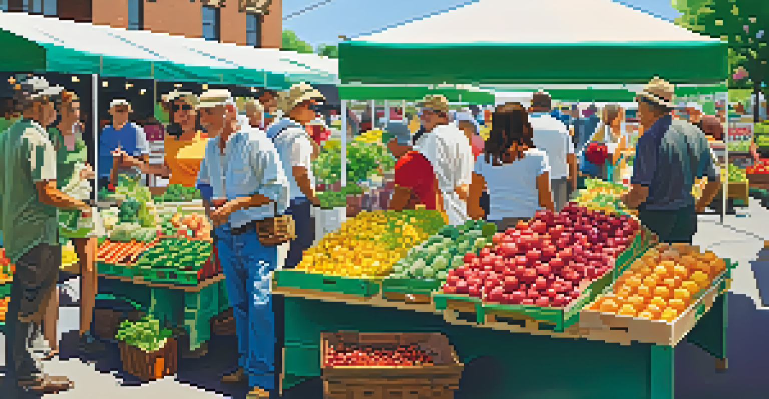 A lively farmer's market with colorful produce stalls and shoppers interacting in a community setting.