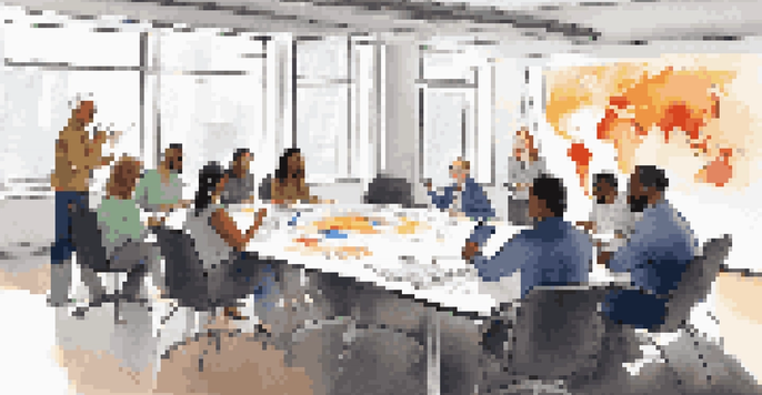 A group of diverse professionals in a meeting room discussing strategic planning, surrounded by charts and visuals, with sunlight coming through large windows.