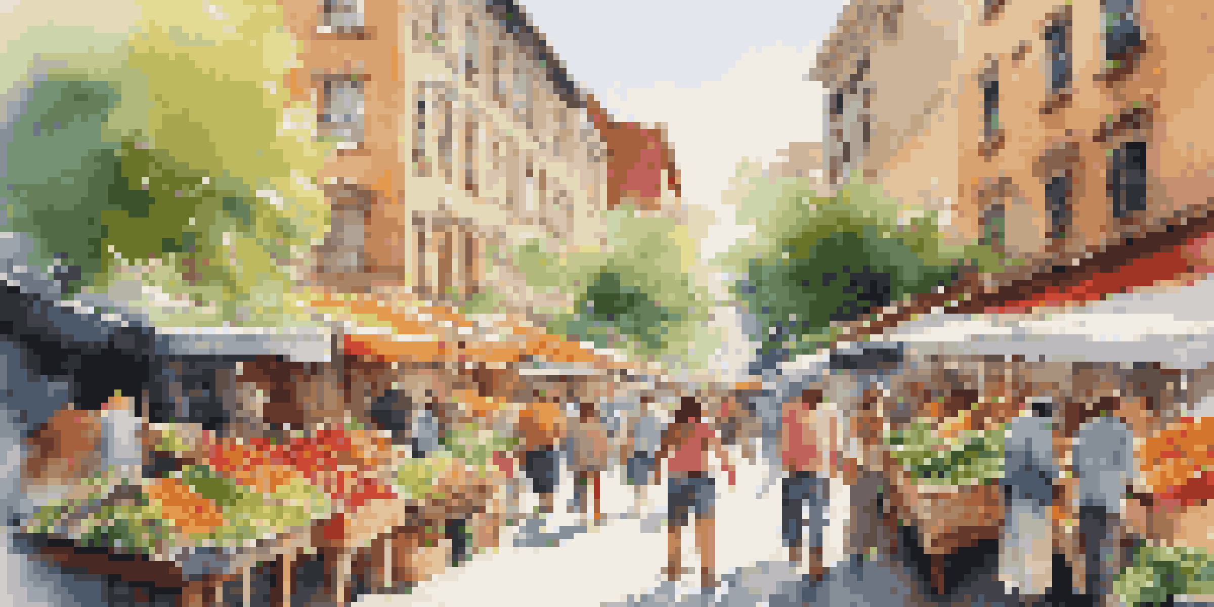 A lively urban market scene with colorful stalls and diverse shoppers enjoying fresh produce and handmade goods.