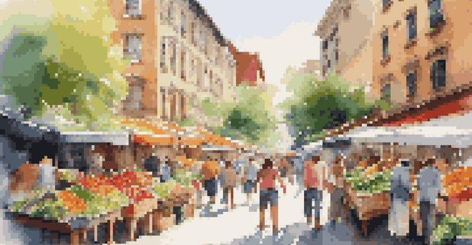 A lively urban market scene with colorful stalls and diverse shoppers enjoying fresh produce and handmade goods.