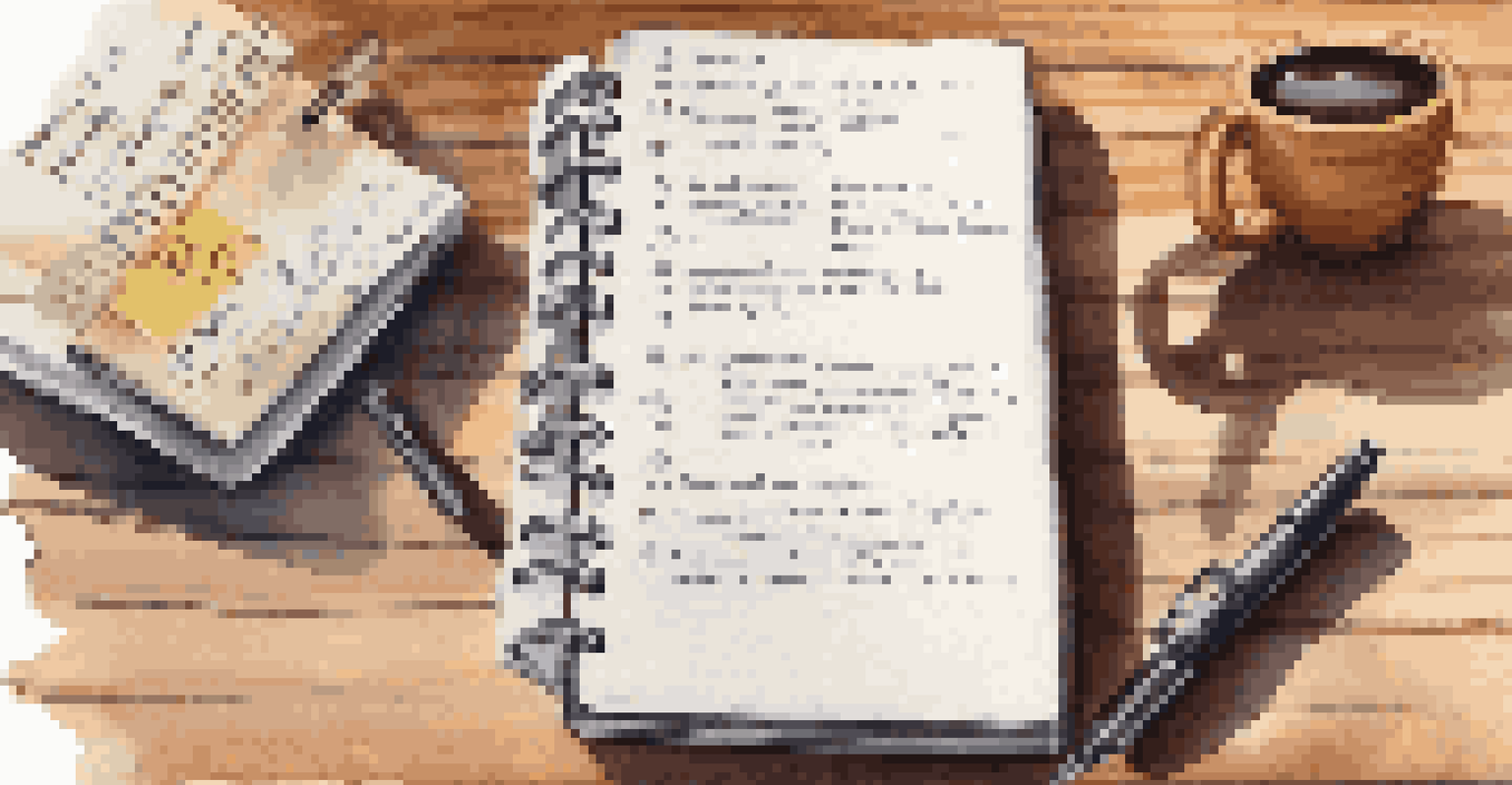A close-up of an open notebook with notes and action items next to a cup of coffee on a wooden desk.