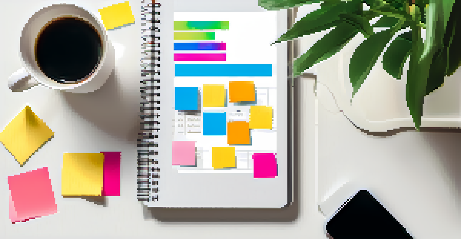 A flat lay of a smartphone with social media analytics, sticky notes, a cup of coffee, and a laptop on a white desk.