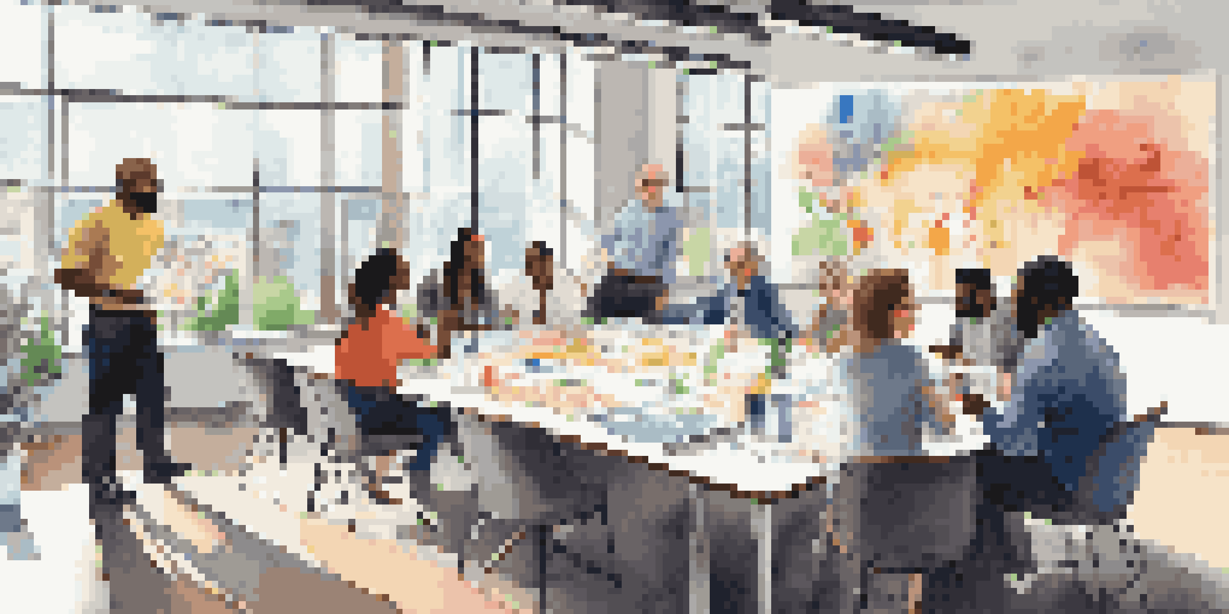 A diverse team of professionals in a modern office setting, engaged in a brainstorming session with colorful decor and natural light.