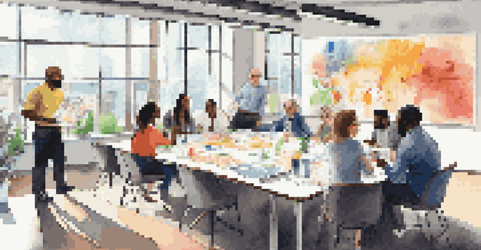 A diverse team of professionals in a modern office setting, engaged in a brainstorming session with colorful decor and natural light.