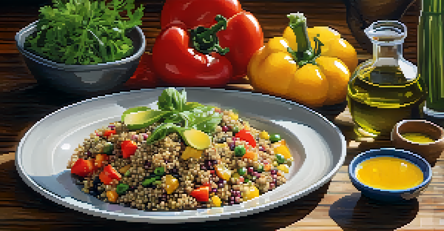 A close-up of an organic meal on a rustic table, featuring colorful vegetables and quinoa.